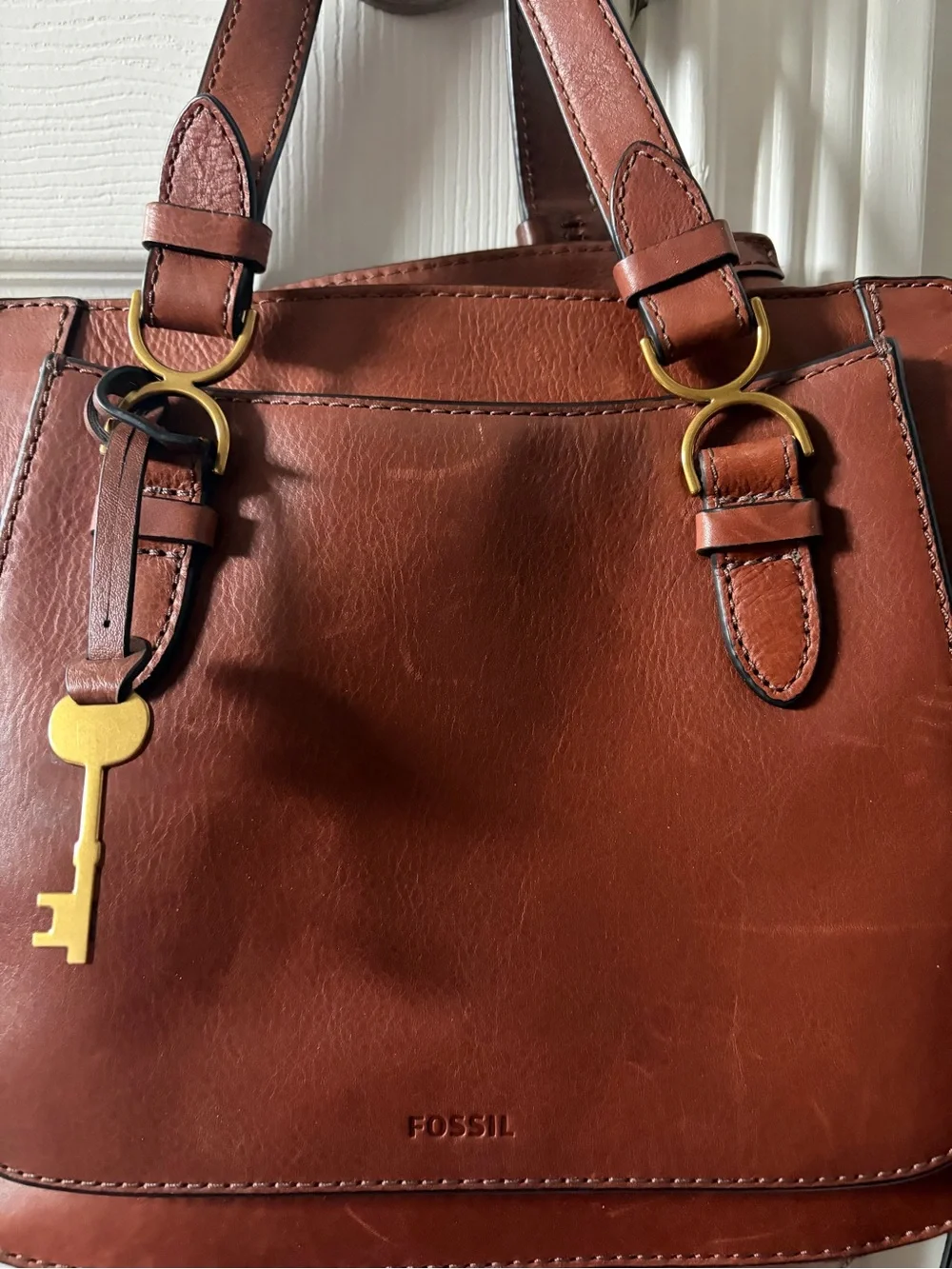 Fossil Chestnut Brown Leather Messenger Bag with Gold Hardware